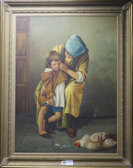 I. El-Kokvy, oil on canvas, a mother comforting a child - a dead chicken before them, signed, 78 x 58cm